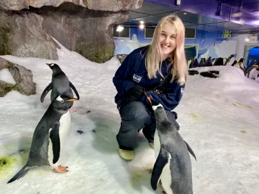 Katie smiling with her penguin friends